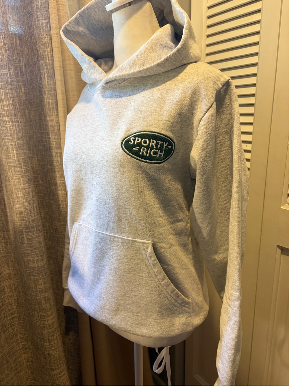 Sporty & Rich Light Gray Hoodie with Green Logo